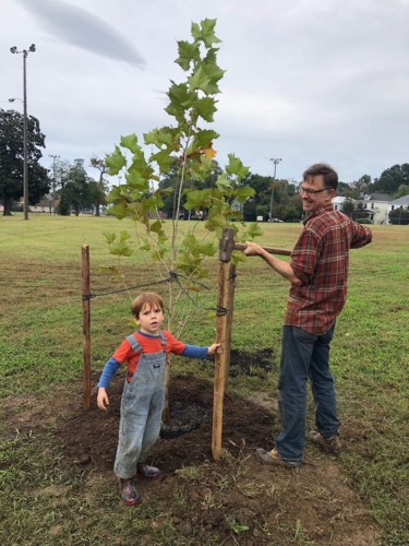 Family working together to stake a newly planted tree at Carter Jones Park in Richmond, VA. Credit: Parker Agelasto.