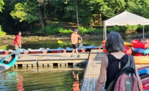 People walking on a dock