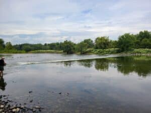 A landscape of a river, a tree line, and a person fishing.