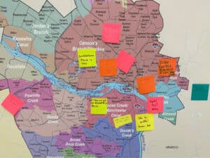 A large map of Richmond, Virginia with post-it notes describing what people like about certain locations