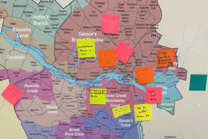 A large map of Richmond, Virginia with post-it notes describing what people like about certain locations