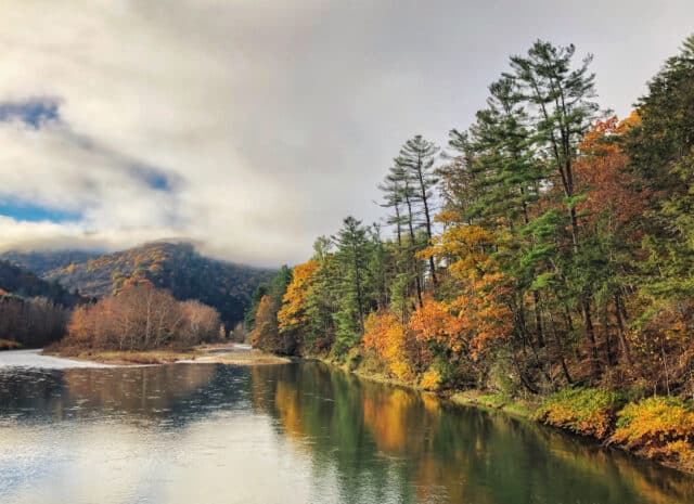 I river and riverbank with bright fall foliage