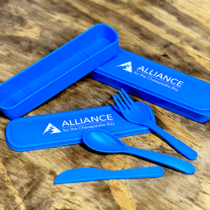 Blue Alliance reusable utensil kit displayed on a table.