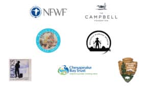 Various logos of organizations involved: National Fish & Wildlife Foundation, The Campbell Foundation, Water's Edge Eastern Shore, Bellevue Passage Museum, Blacks of the Chesapeake, Chesapeake Bay Trust, National Park Service