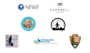 Various logos of organizations involved: National Fish & Wildlife Foundation, The Campbell Foundation, Water's Edge Eastern Shore, Bellevue Passage Museum, Blacks of the Chesapeake, Chesapeake Bay Trust, National Park Service