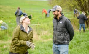 Two people laughing and smiling