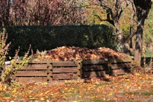 A leaf bin full of leaf litter on a residential property.