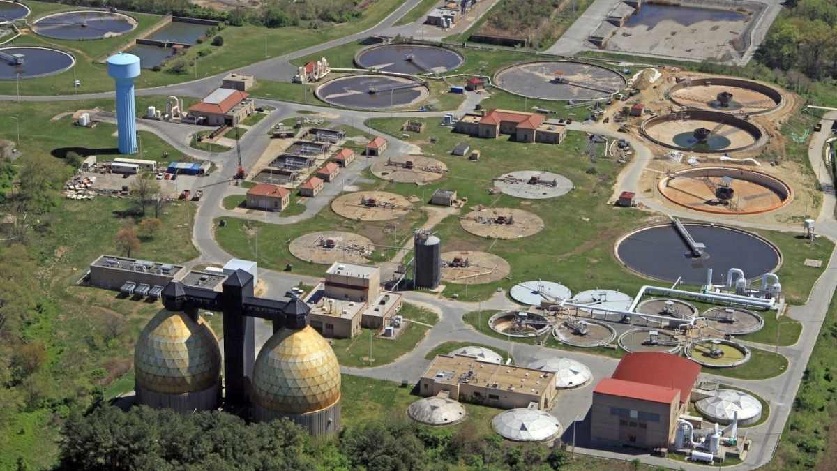 An aerial view of a wastewater treatment plant