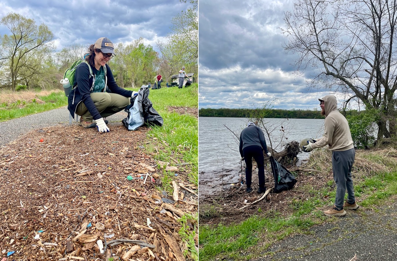 Left, a volunteer picks up plastic. Right, a volunteer holds a mud covered ball.