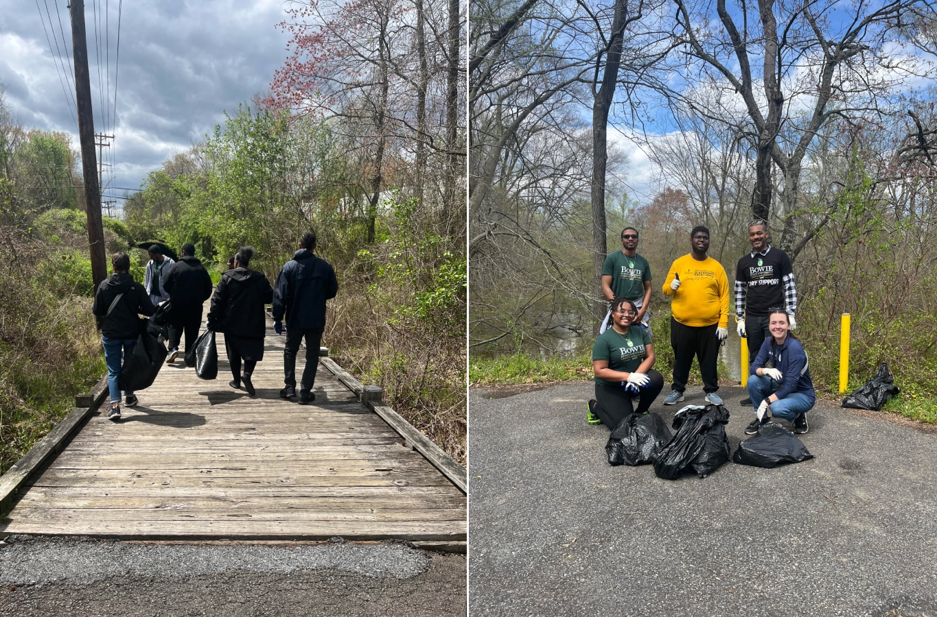 Left, volunteers hauling their collections over a bridge connecting to the Baltimore, Washington, Annapolis trail. Right, volunteers pose with the trash they collected.