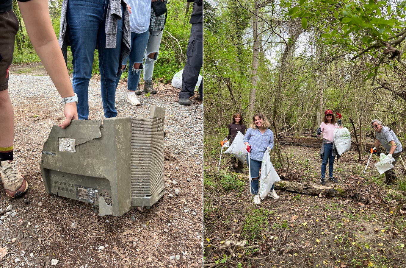 Left, a volunteer shows us the top of a broken plastic desktop casing. Right, participants hold trash bags and trash pickers are picking up trash from a trail in the woods.