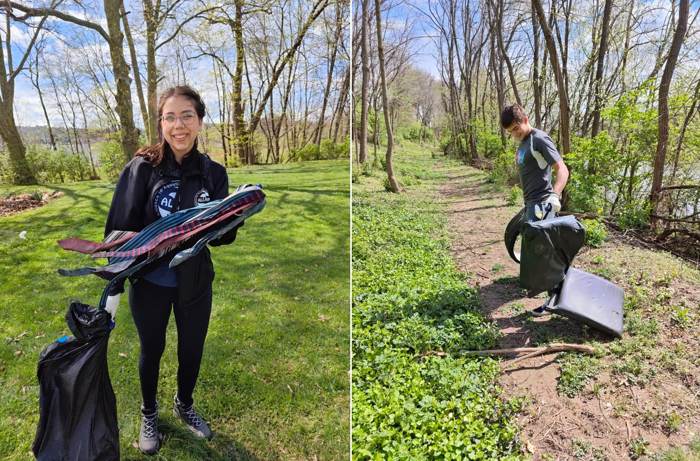 Left: An ALLARM volunteer presents the neckties they found. Right, a Franklin and Marshall Wrestling team volunteer helps haul some large plastic containers.