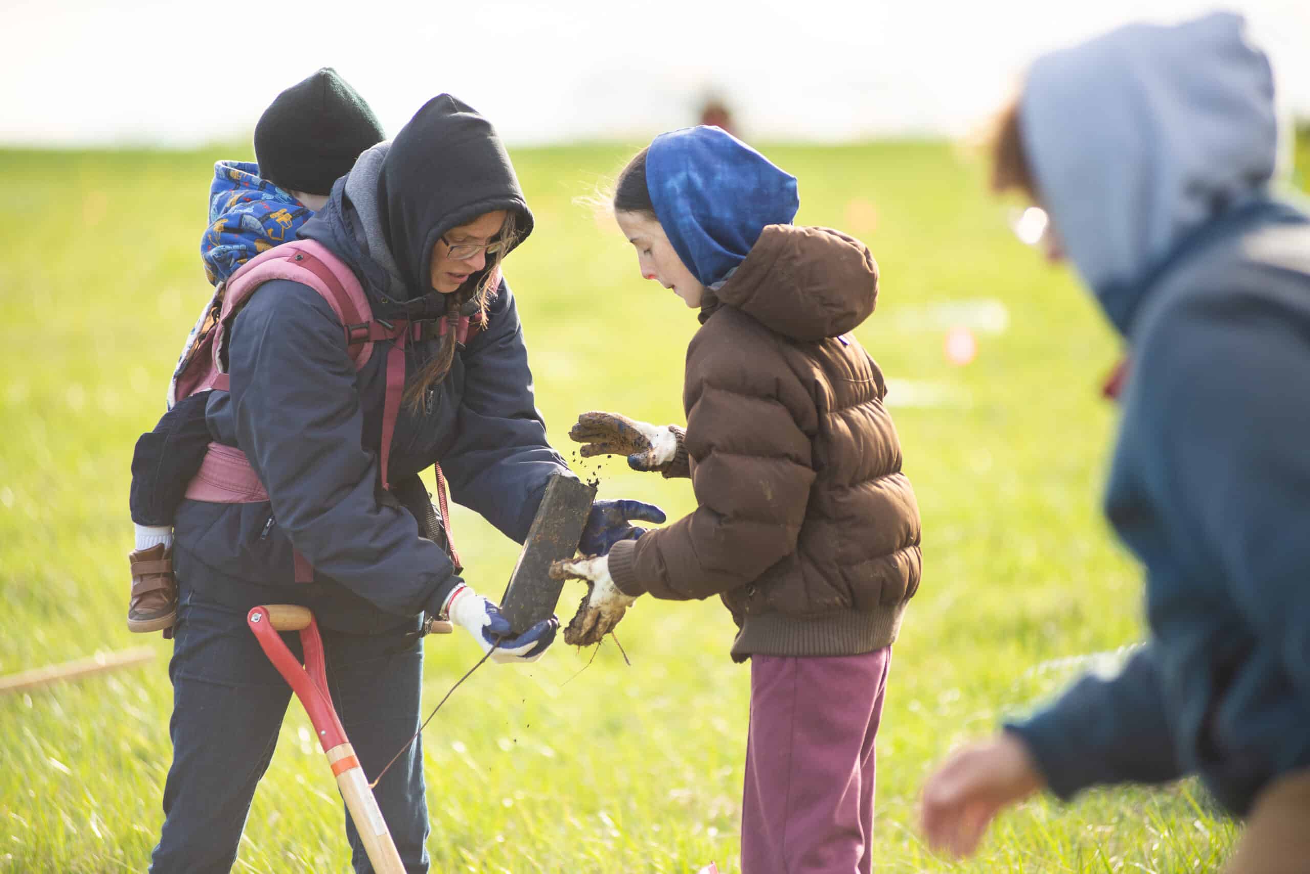 Two people preparing a tree seedling to plant