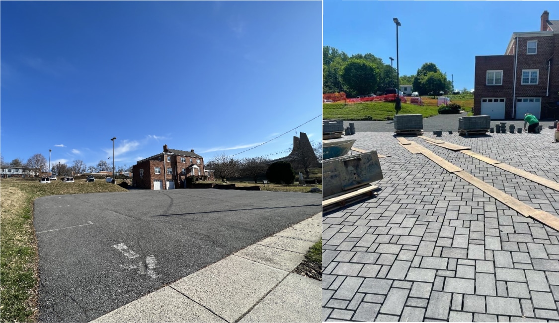 a before and after shot of parking lot after installing permeable pavers