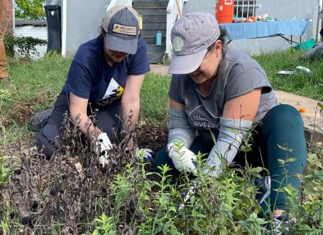 Two people smile while doing garden maintenance in a yard