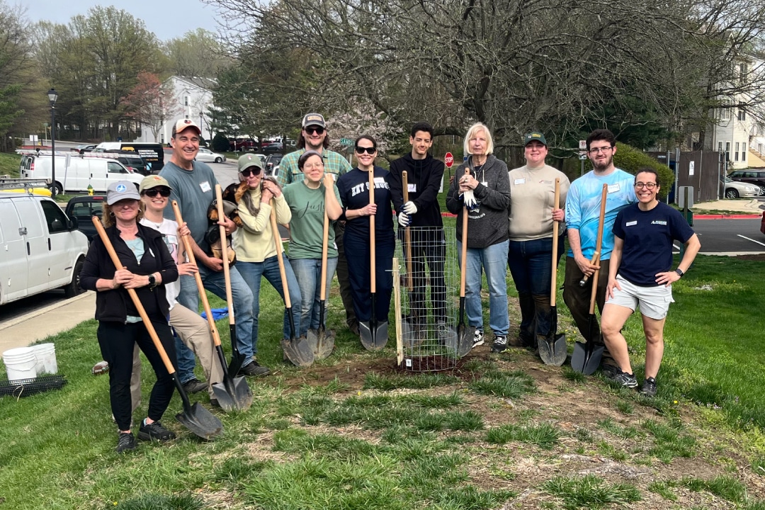 a group of people pose for a picture next to a tree seedling