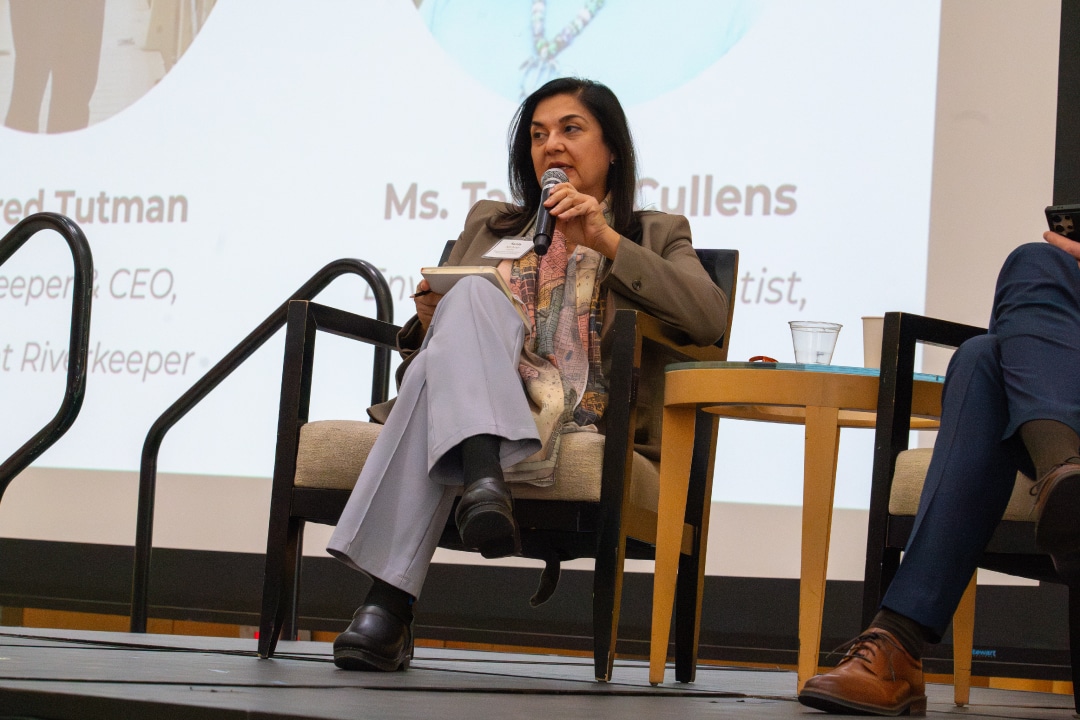 a person speaks into a microphone on a stage