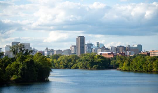 Richmond Virginia skyline taken from The Boathouse at Rocketts Landing.