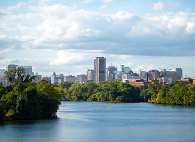 Richmond Virginia skyline taken from The Boathouse at Rocketts Landing.