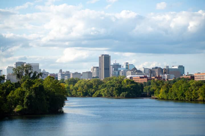 Richmond Virginia skyline taken from The Boathouse at Rocketts Landing.