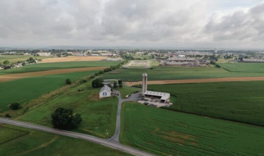 a drone shot of a farm