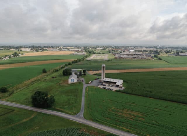 a drone shot of a farm