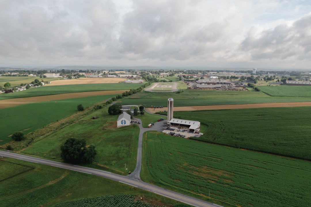 a drone shot of a farm