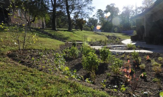 a garden area next to a church on a sunny day