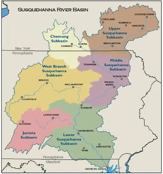 a color-coded map of the Susquehanna River Basin
