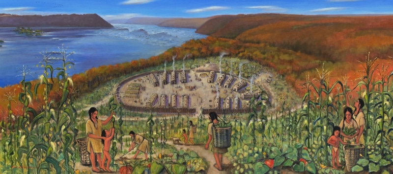 a painting of people in a corn field