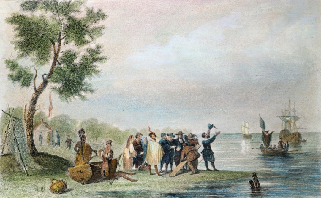 a painting of people standing next to a large waterway