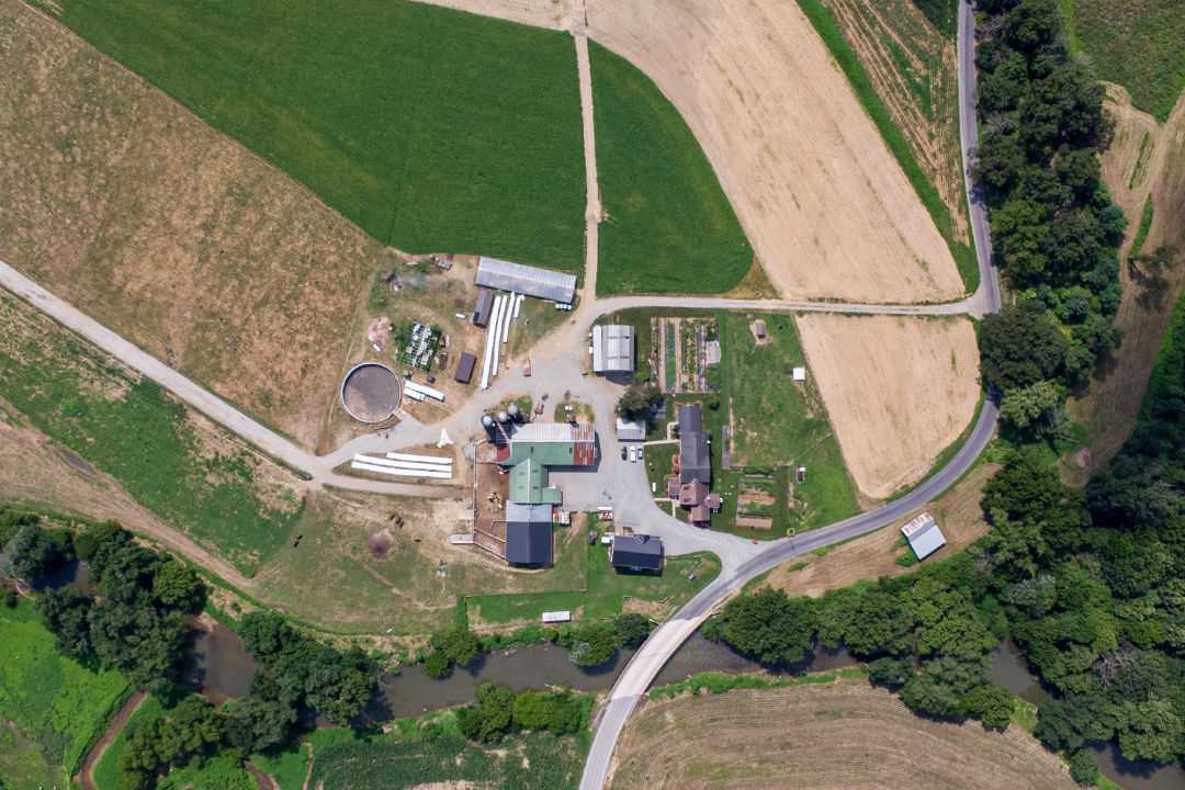 an aerial view of a farm