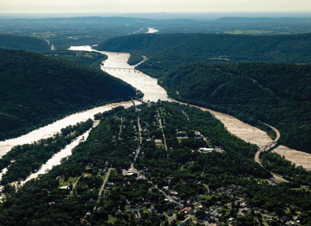 an aerial view of two rivers meeting