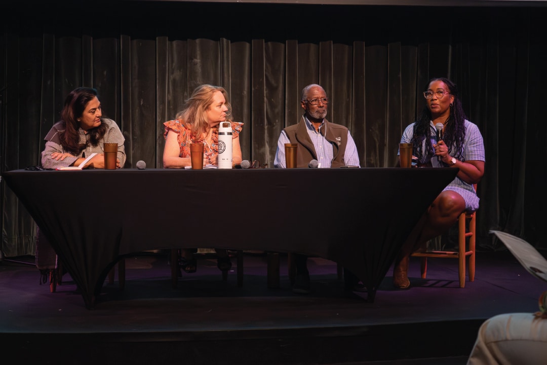 a panel of four people talking on a stage