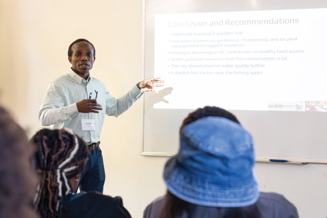 a person gives a presentation to a slide show