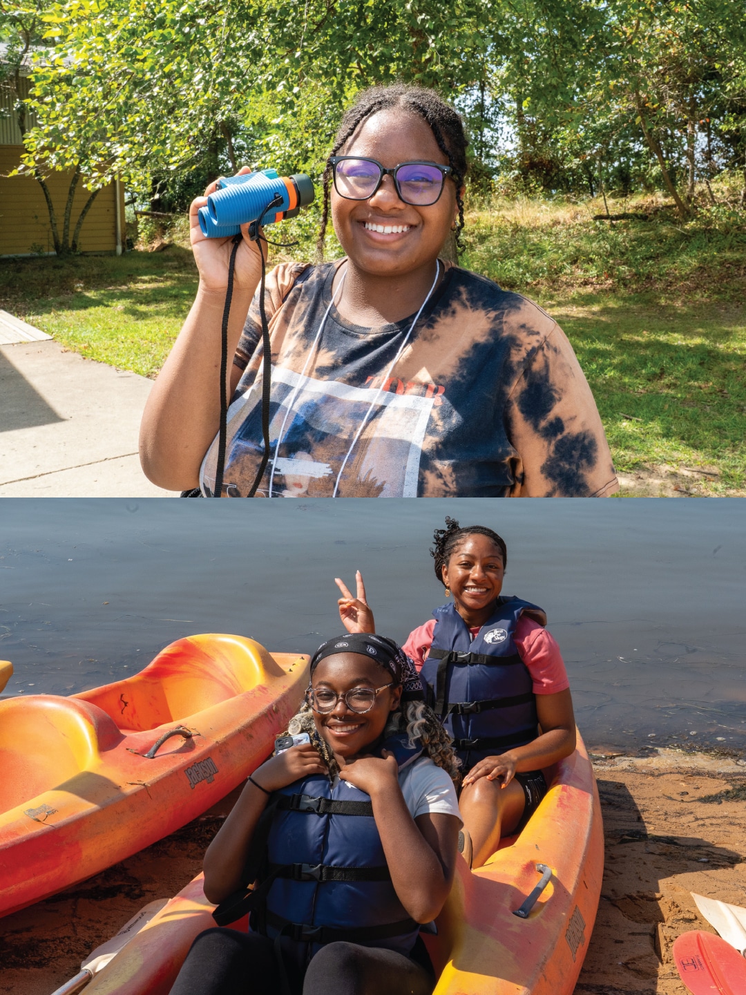 above a person holds binoculars, below two people sit in a kayak