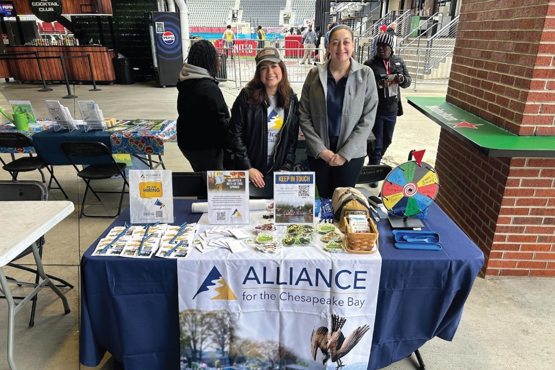 two people pose for a picture standing behind a display table