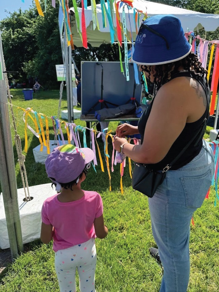 people hang ribbons on a taut string
