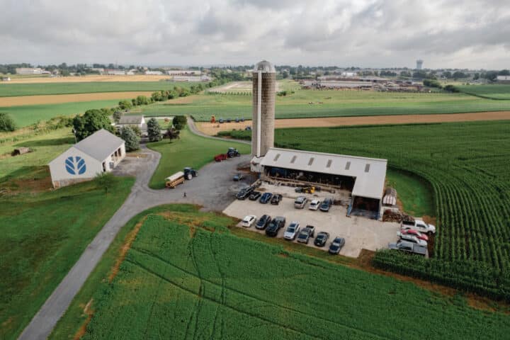 an aerial shot of a farm's crop fields