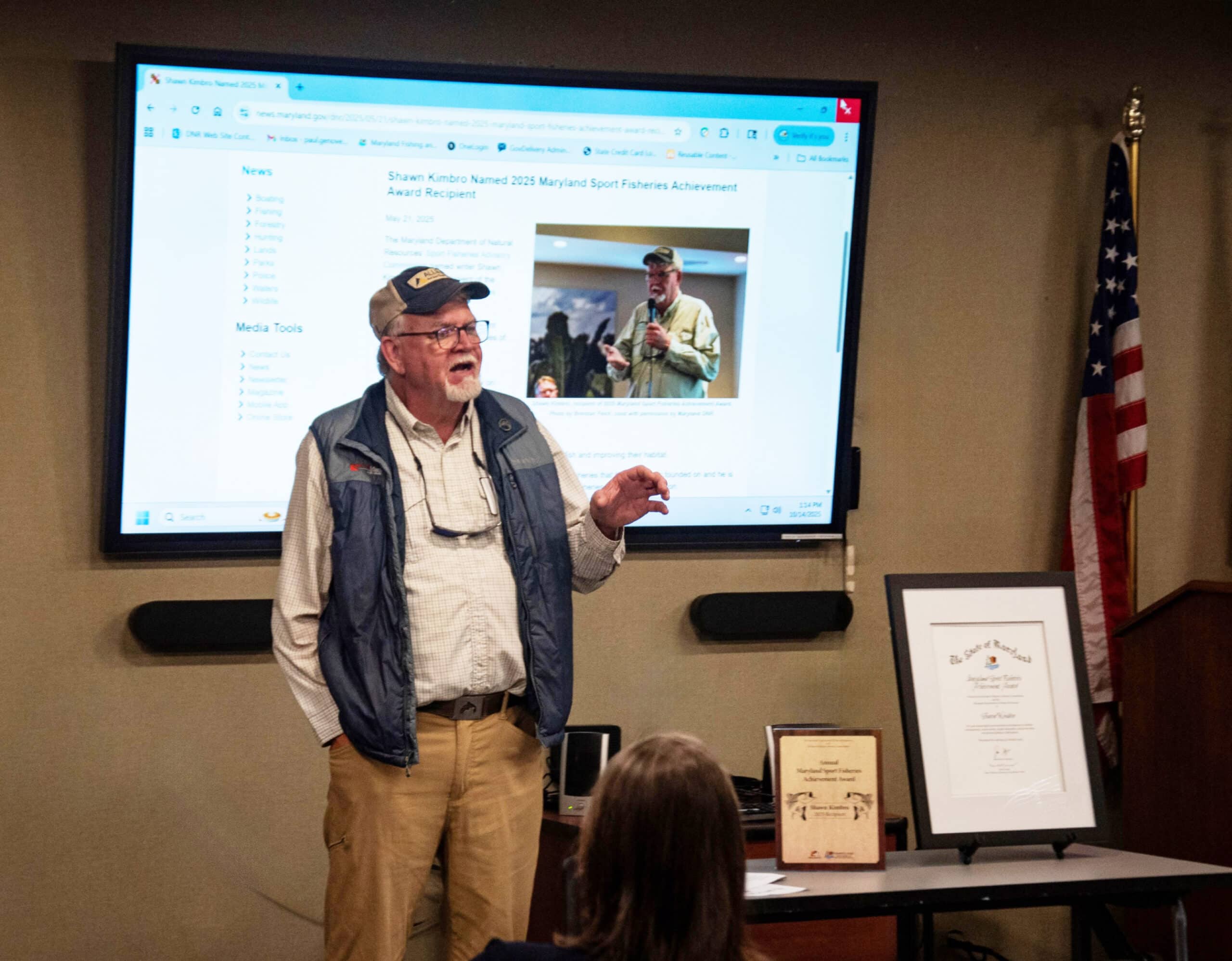Shawn Kimbro gives remarks to the audience during the award ceremony for the 2025 Maryland Sport Fisheries Achievement Award. Photo Credit: MD Department of Natural Resources