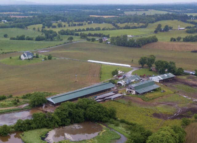 an aerial view of a farm