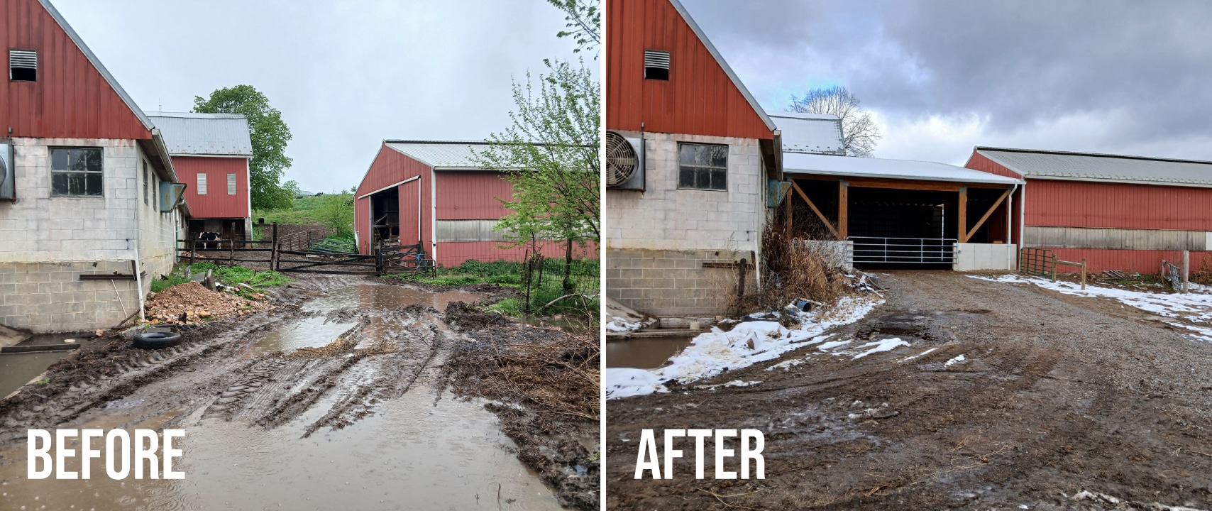 before and after pictures of a heavy use area on a farm