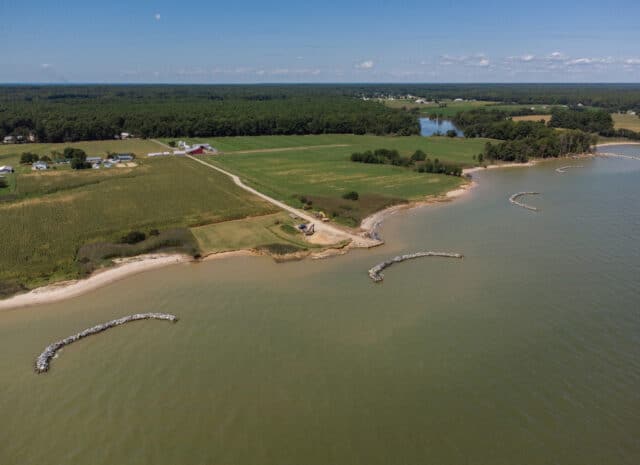 an aerial view of a coastal farm