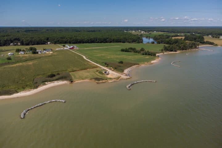 an aerial view of a coastal farm