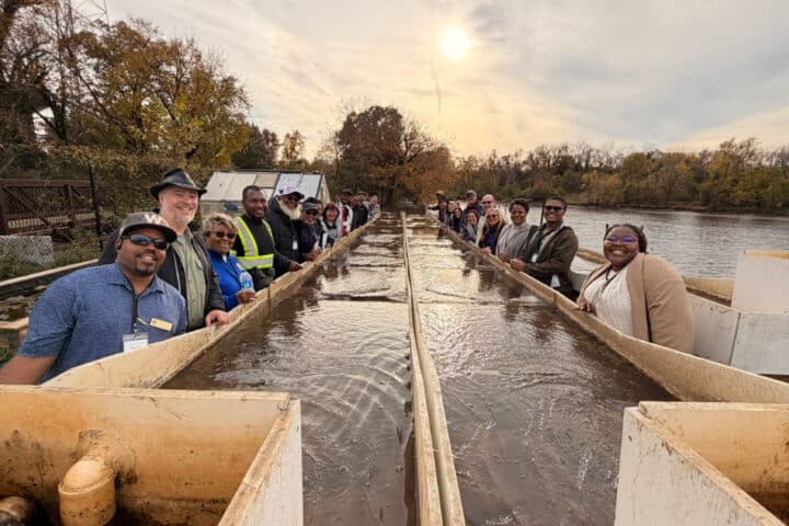 a group of people gather around a long structure holding water