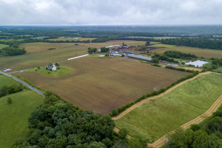 an aerial view of a farm