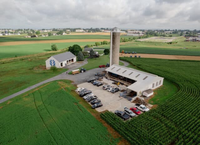 an aerial view of a farm