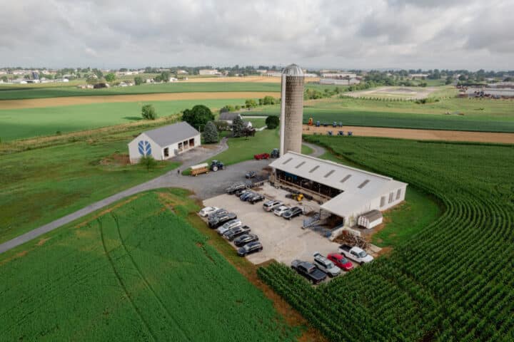 an aerial view of a farm