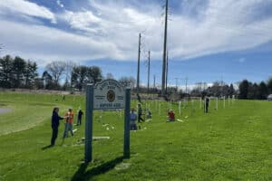 a group of people plant trees in a lawn area